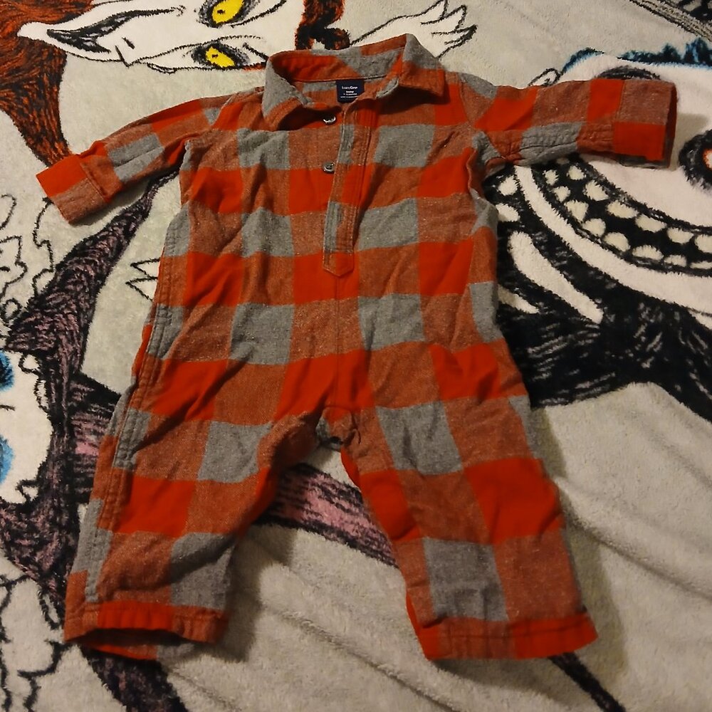 Baby Gap 3 - 6 Month Red & Gray Long Sleeve Button Down Checkered Onesie Infant